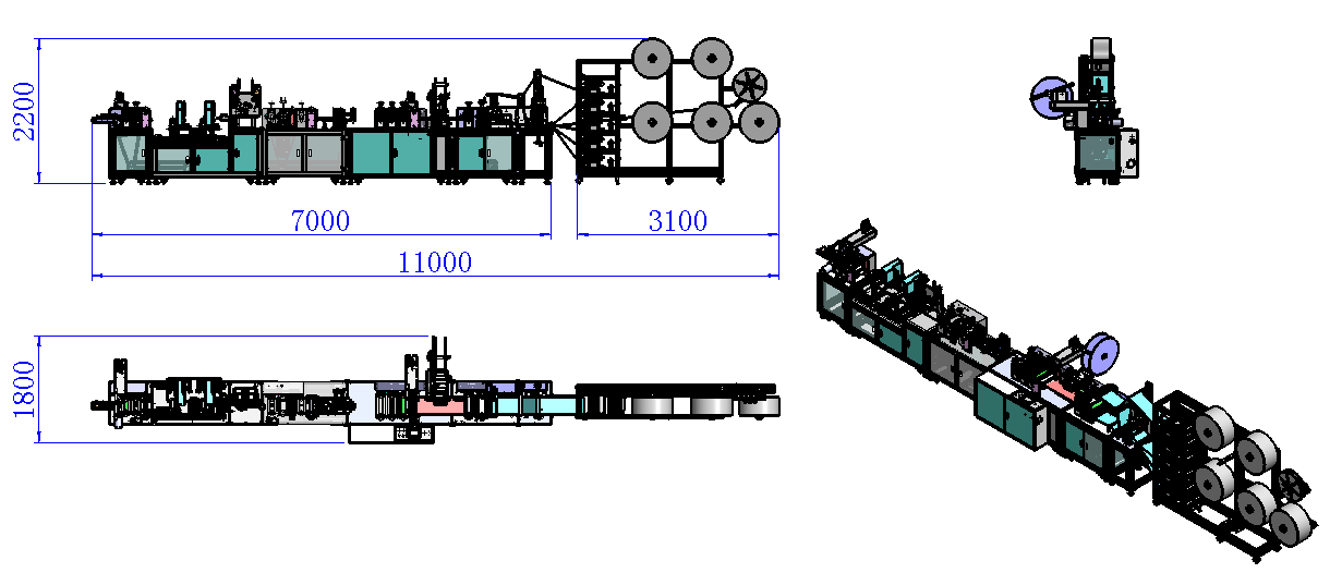 Automatic broached head band KF94 mask machine three view drawing